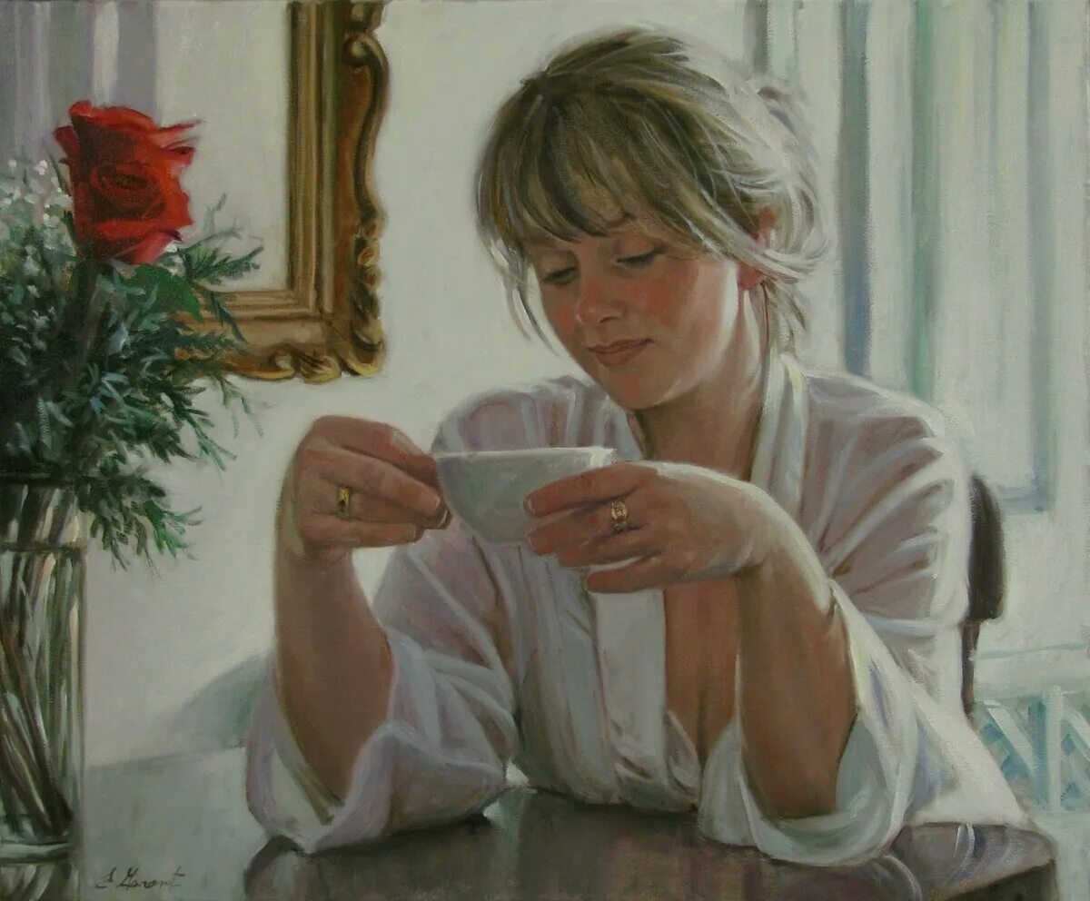 Я пью за женское счастье. Художник Emmanuel Garant. Живопись женщина с кружкой у окна. Дама с чашкой кофе в живописи. Картина женщина с чашкой.