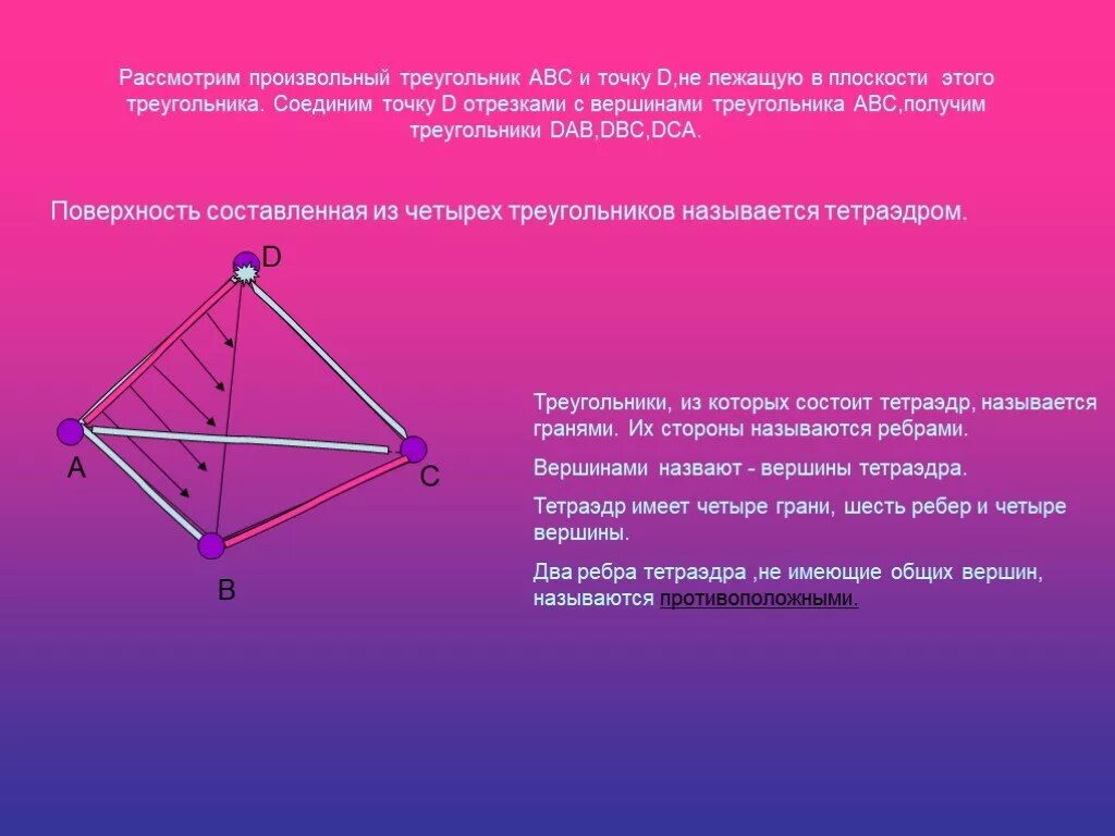 Тетраэдр. Плоскость треугольника. Тетраэдр и параллелепипед. Произвольный треугольник АВС.