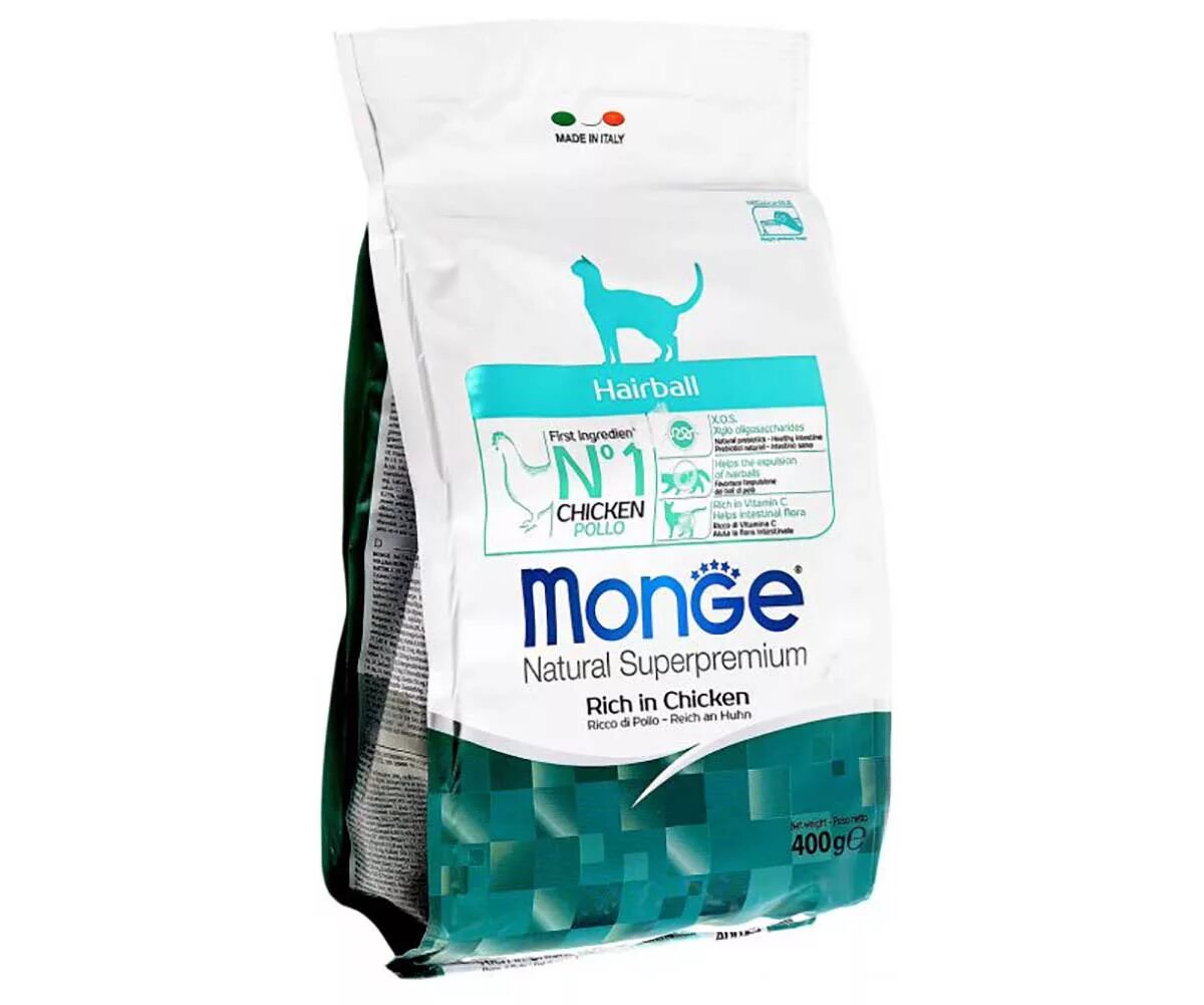 Корм monge курица. Корм для кошек Monge Superpremium Cat с курицей 400 г. Monge корм для кошек Hairball. Monge Rich in Chicken для кошек 400г. Monge Cat Hairball корм для кошек для выведения шерсти 400г.