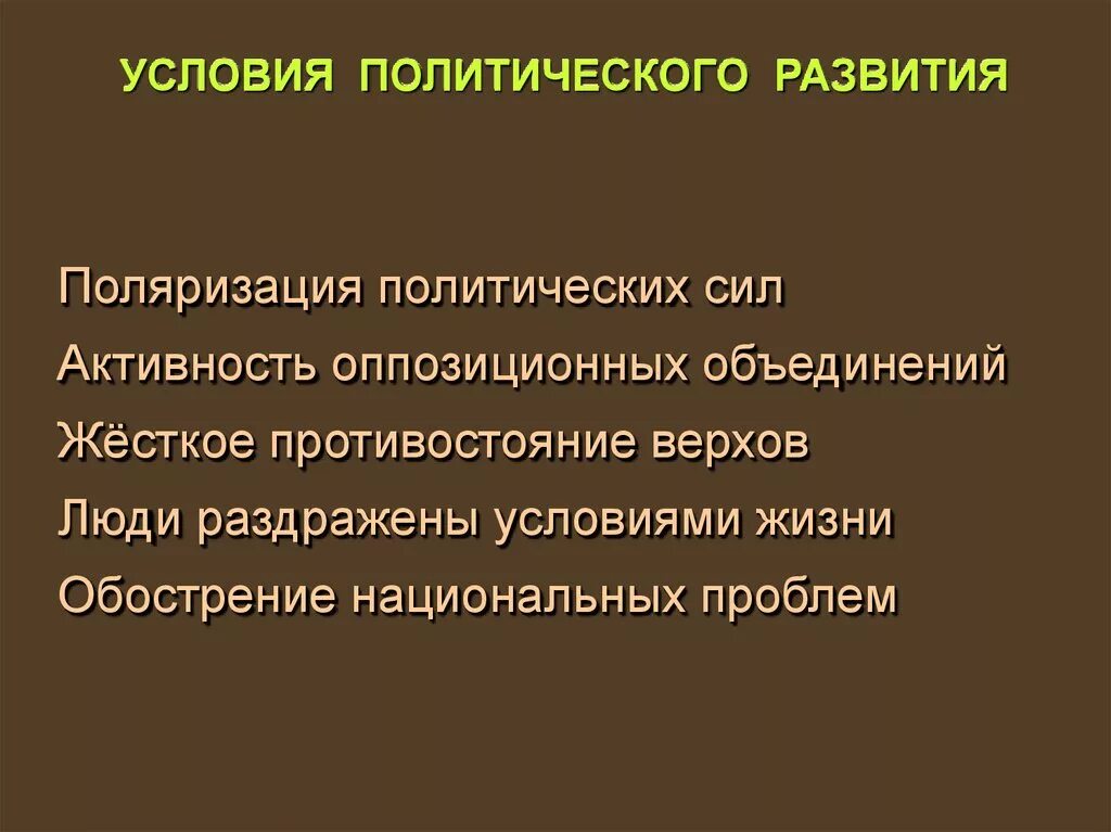 Проблема политического развития россии. Условия политического развития. Главное условие политического развития. Перечислите главные условия политического развития России. Условия возникновения политики.