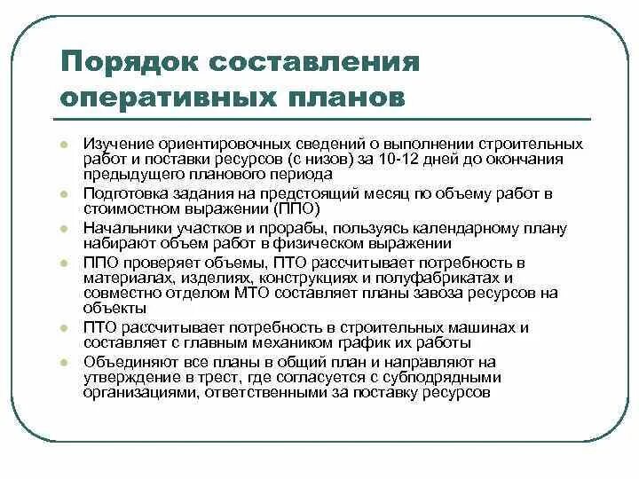 Оперативное лечение в плановом порядке. Оперативное планирование производств в строительстве. Виды оперативных планов и порядок их составления. Форма оперативного планирования на производстве. Порядок составления оперативного плана строительно-монтажных работ..