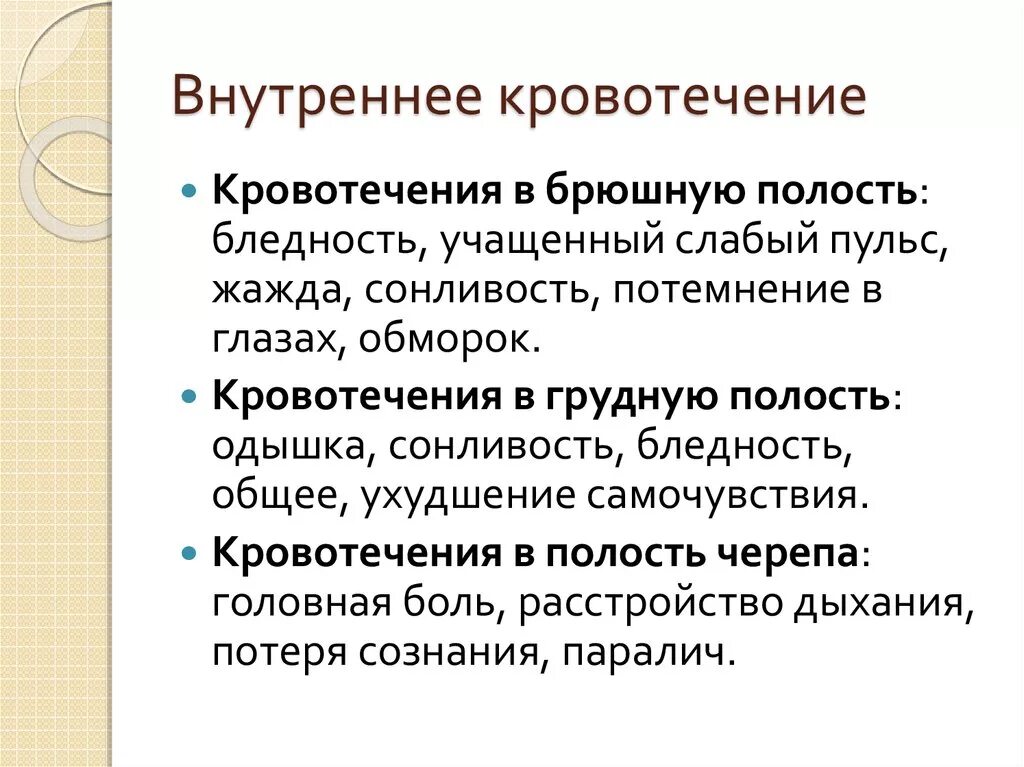 Признаки внутреннего кровотечения в полостях