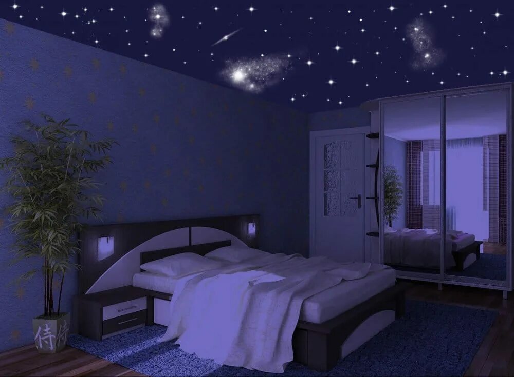 Что есть подростку ночью. Потолок звездное небо в спальне. Комната ночью. Спальня в космическом стиле. Звездный потолок в спальне.