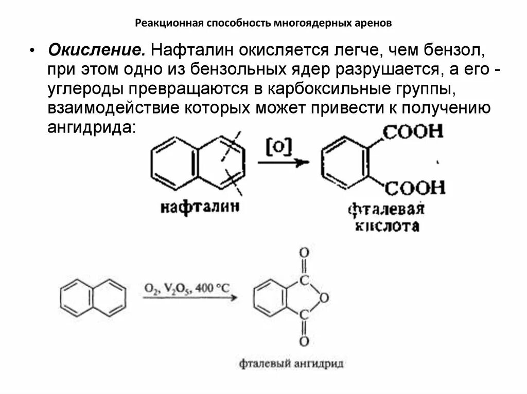 Сравнить реакционную способность. Реакционная способность нафталина. Окисление многоядерных аренов. Реакционная способность аренов, реакции замещения.. Реакционная способность бензола.