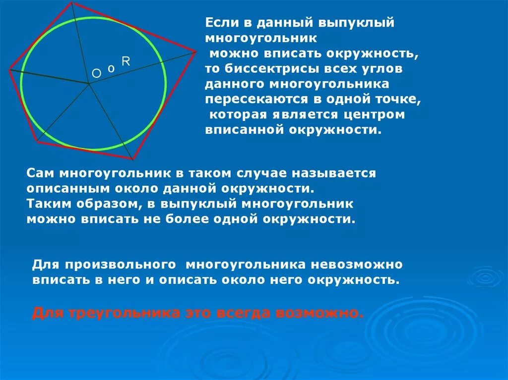 Вписанный многоугольник. Окружность вписанная в многоугольник. Центр окружности. Центр вписанной окружности в многоугольнике. У выпуклого многоугольника стороны не пересекают