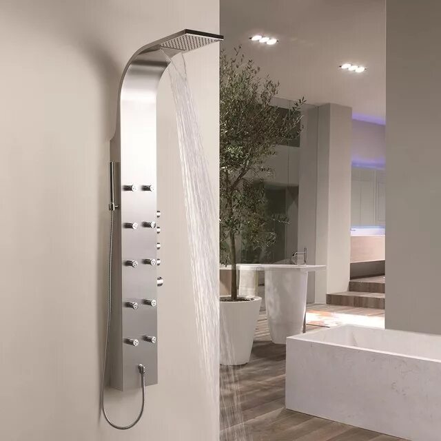 Shower panels. Душевые стойки в интерьере ванной. Душевая панель Waterfall. Душевая панель для ванны.