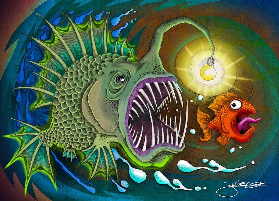 Картина рыба удильщик. Фантастические рыбки. Рыбка с фонариком. Сказочная рыбка. Кармическая рыба