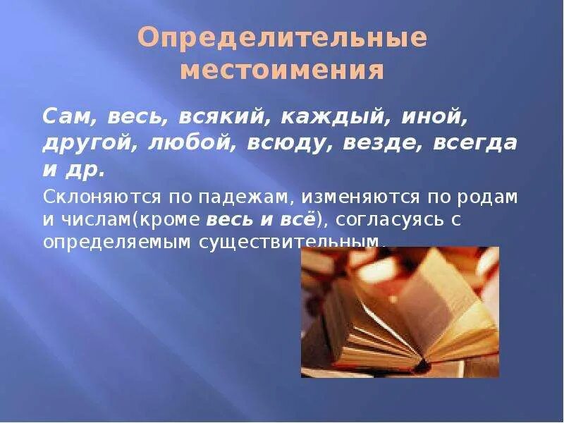 Определительные местоимения. Каждый определительное местоимение. Определительные местоимения всякий весь иной любой. Опредедительные местоимения весь, вся. Всякому не люб