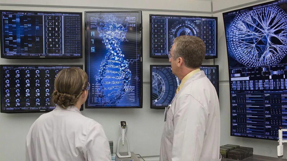 Генетика практика. Исследование генома человека. Компьютерная лаборатория. Ученые ДНК. Человек в лаборатории.