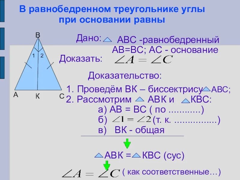 Свойства равнобедренного треугольника доказательство. В равнобедренном треугольнике углы при основании равны. Как это равнобедренный треугольник. Углы равнобедренного треугольника. Почему углы при основании равны