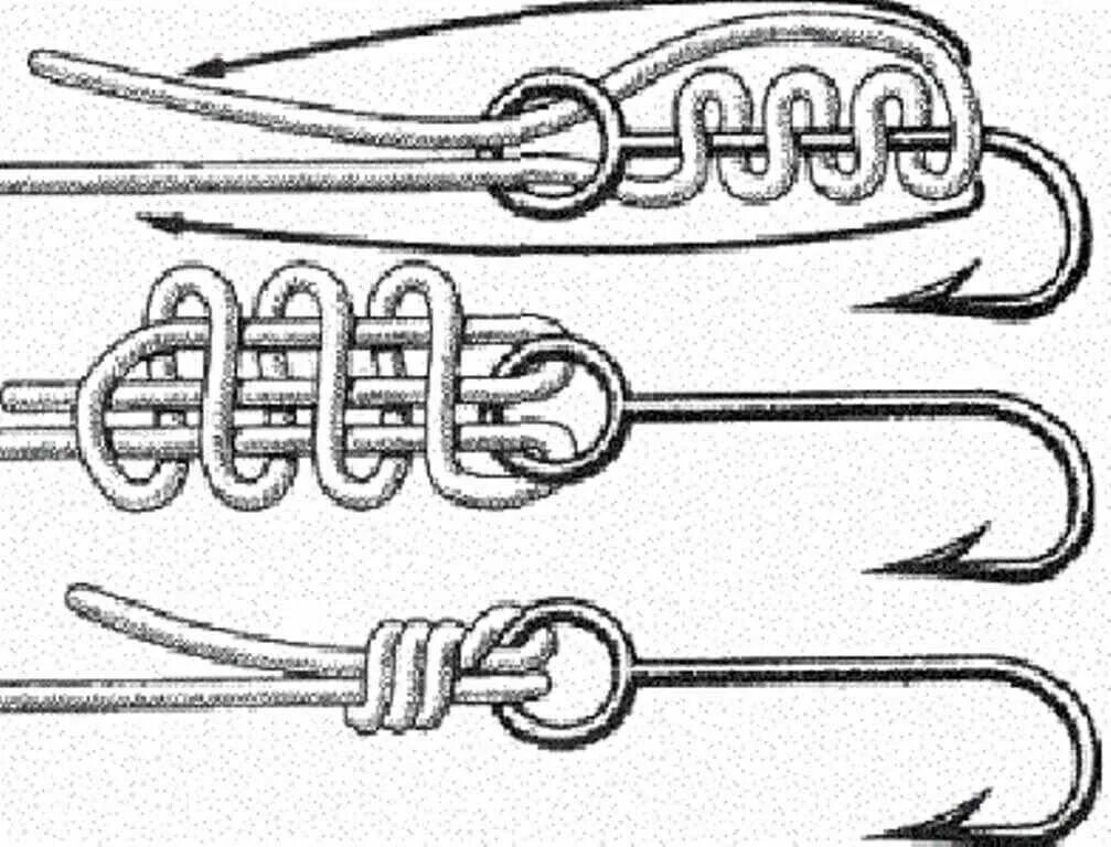 Как привязать крючок без ушка. Тунцовый узел для привязывания крючков. Тунцовый узел для крючка. Узел для привязывания крючка к леске. Схема завязывания рыболовных крючков.