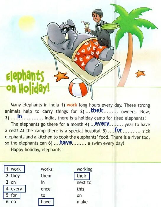 Elephants on Holiday английский 4 класс. Elephant on Holiday текст. Спотлайт 4 рабочая тетрадь. Read the text. Choose the right Words and write them on the lines 4 класс. Spotlight workbook 4 класс тетрадь