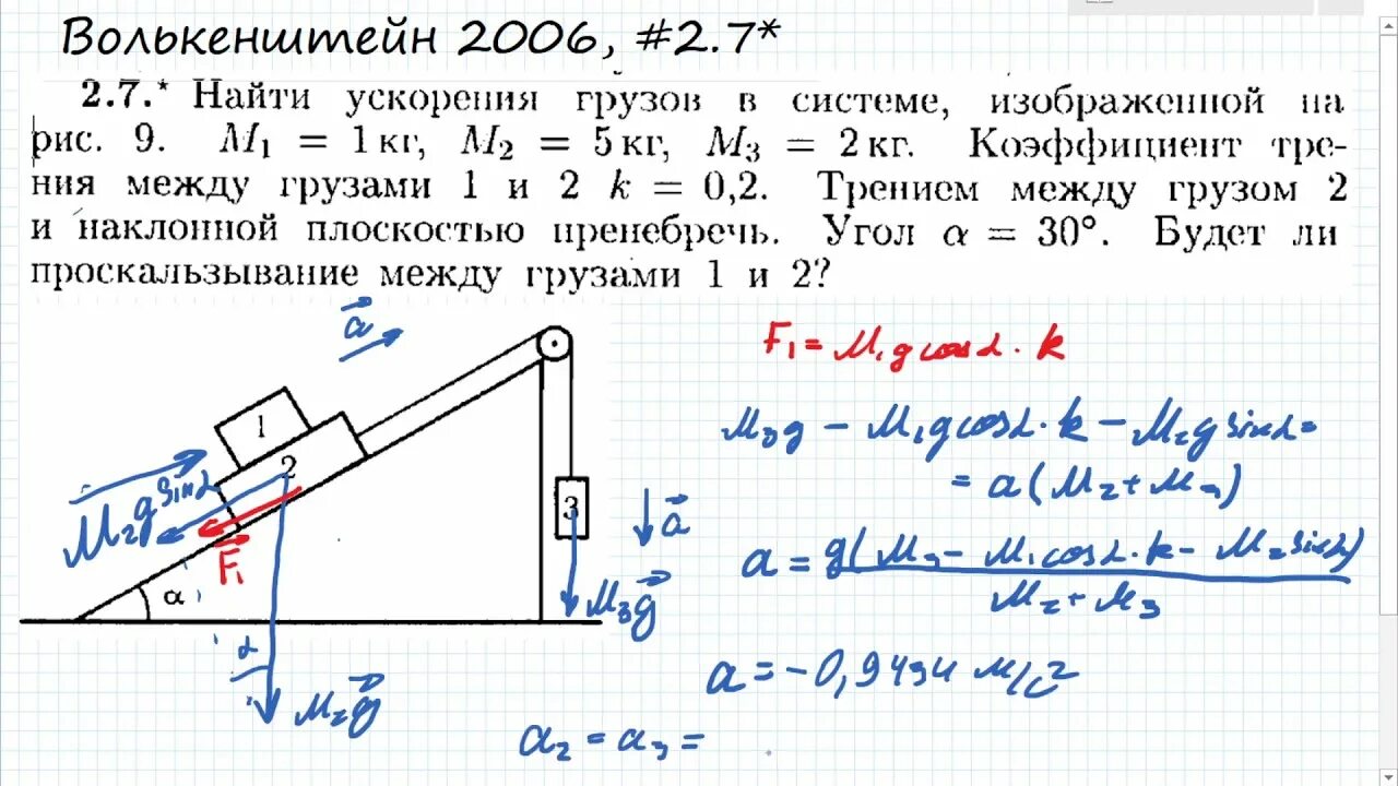 Груз на наклонной плоскости. Сборник задач по физике Волькенштейн 2006. Ускорение на наклонной плоскости. Коэффициент трения между.