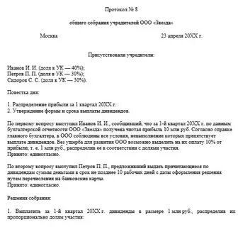 Решение о выплате дивидендов единственному учредителю