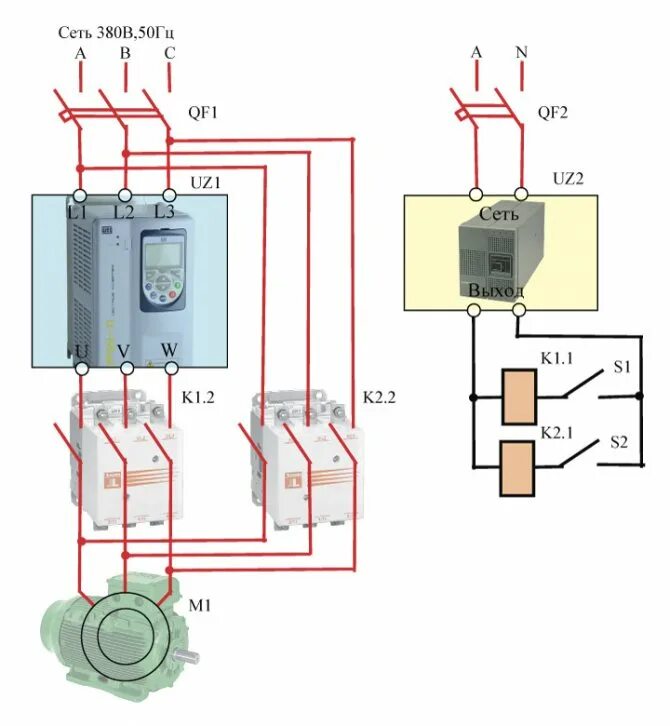 Схема включения двигателя через частотный преобразователь. Схема подключения частотного преобразователя через пускатель. Схема подключения электродвигателя через частотник. Автомат частотник пускатель мотор 380 схема.
