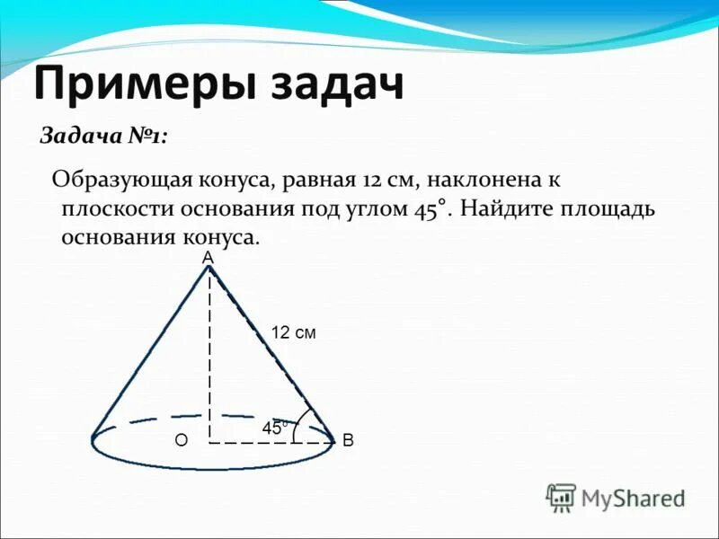 Объем конуса равен 168. Образующая конуса. Образующая конуса наклонена к плоскости основания под углом. Площадь основания конуса.