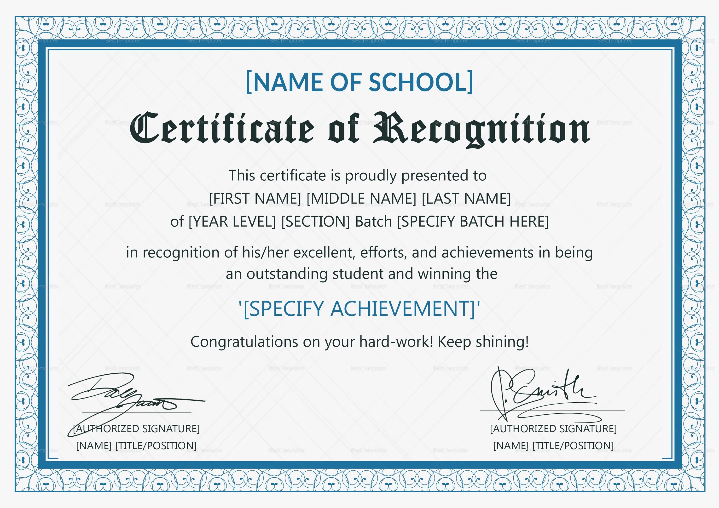 Certificate of recognition. Certificate for students. Certificate of recognition Sample.