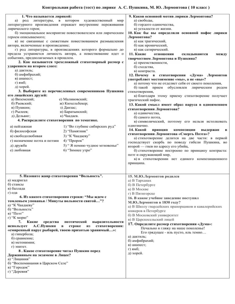 Контрольная работа поэзия 20 века 6 класс. Контрольная работа по лирике Лермонтова. Контрольная работа по лирике Пушкина. Контрольный тест по лирике м ю Лермонтова. Тест по лирике Лермонтова с ответами.