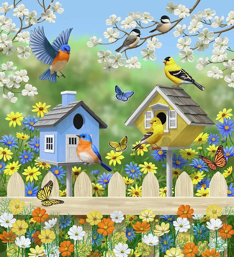 Весенние птицы. Птички в саду. Домик для птичек.