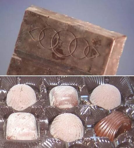жировое поседение конфет. испорченный шоколад. белый налет на конфетах шоколадных что это. шоколад. поседение шоколада.