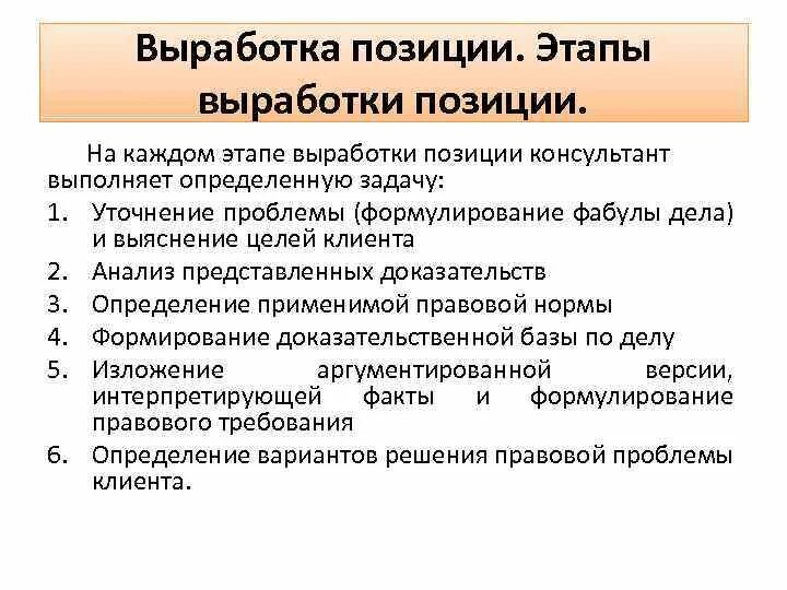 Выработка контактов. Этапы выработки позиции по делу. Последовательность этапов выработки позиции по делу. Этапы выработки юридической позиции. Анализ дела и выработка позиции.