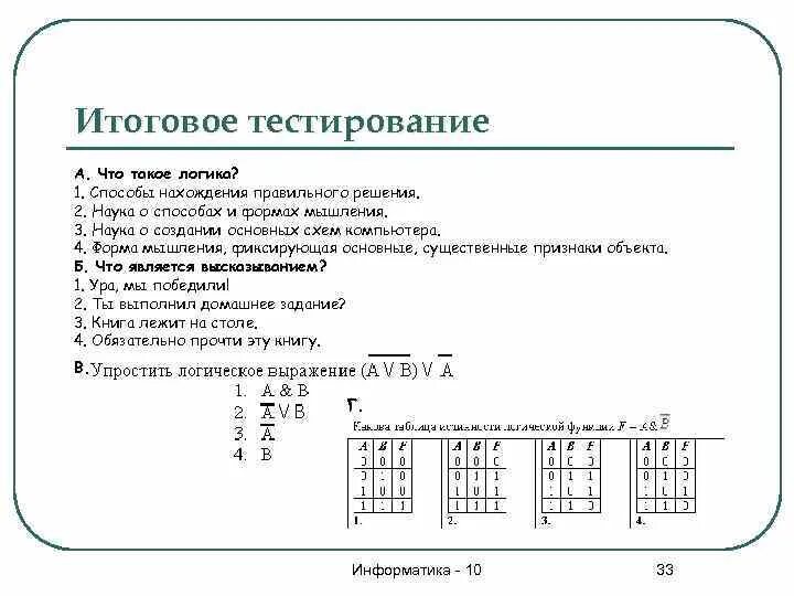 3 итоговых решений. Итоговое тестирование. Тест логические основы работы компьютера. Что такое гидролипидная мантия тест итоговое тестирование. Тест. Тема 1 логика как наука вариант 1.