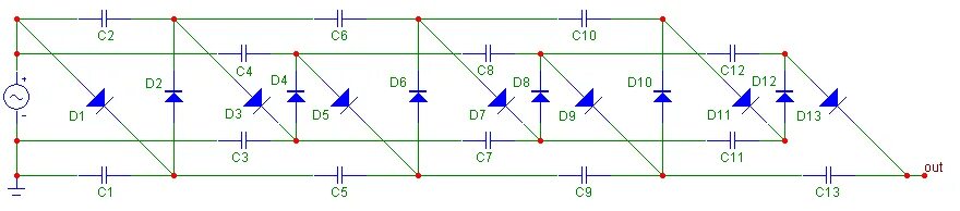 Схема умножителя напряжения на диодах и конденсаторах. Умножитель напряжения схема. Умножитель ун-9/27-1,3 для люстры Чижевского. Умножитель тока схема.