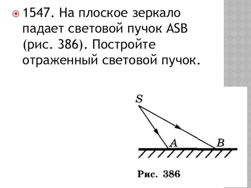 Построить отраженный световой пучок. На плоское зеркало падает световой пучок ASB. На плоское зеркало падает световой пучок ASB постройте отраженный. Закон плоского зеркала. Постройте отраженный световой пучок.