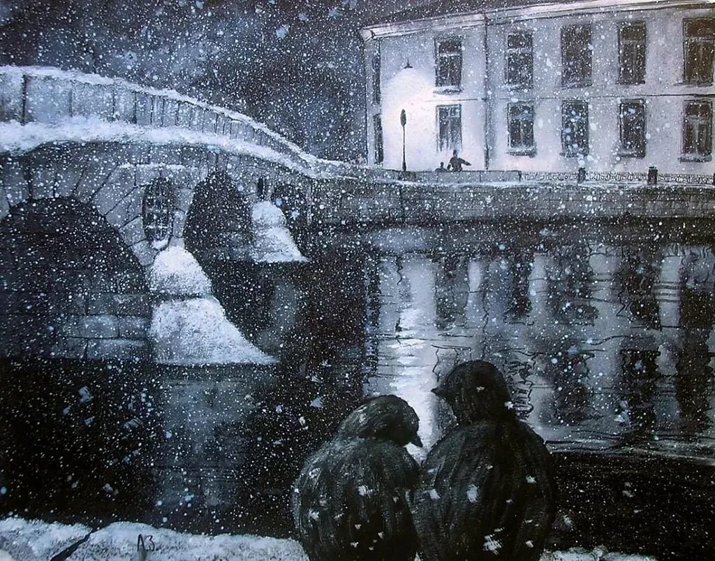 Ужасный холод. Снегопад картина. Зимний пейзаж в городе. Снега в Питере живопись.