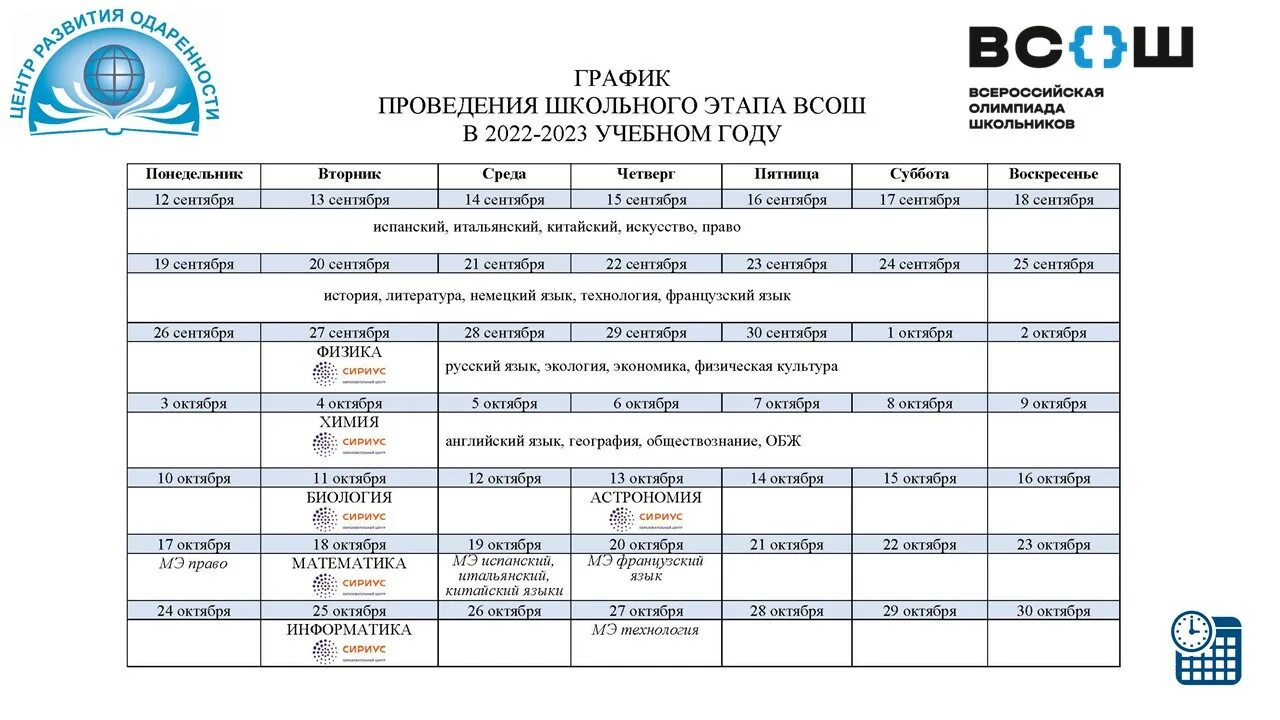 Расписание Всероссийской олимпиады школьников 2022-2023.