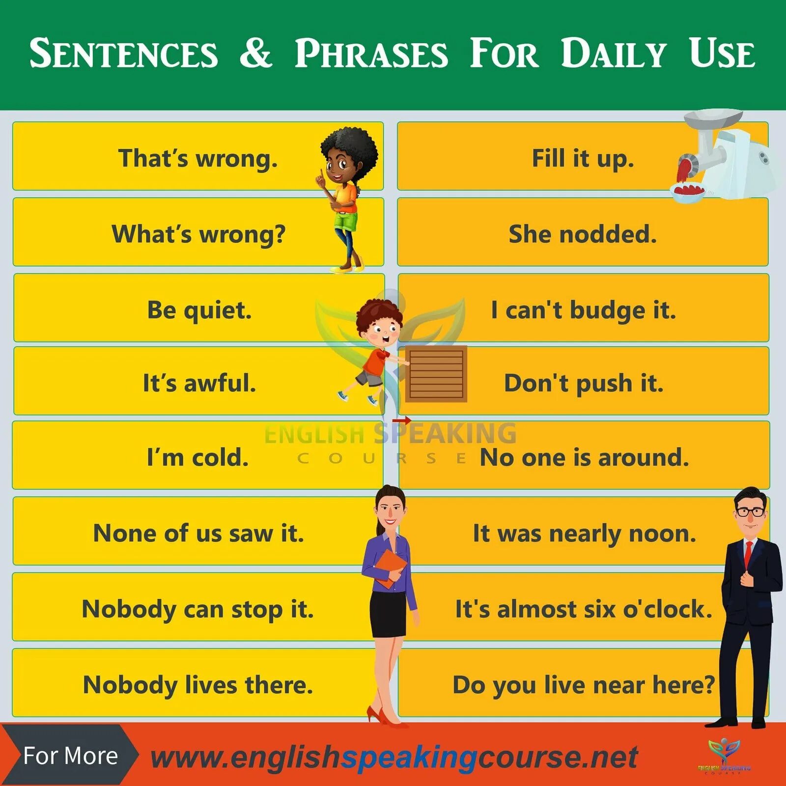 Everyday English phrases. Daily phrases in English. Conversational phrases in English. Common phrases in English.