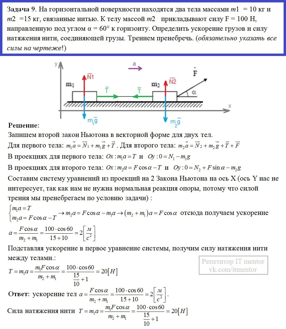 Тело под действием горизонтальной силы 5 ньютонов. Два тела массой. Сила натяжения нитила трения. Сила натяжения нити определение. На горизонтальной поверхности находятся два тела массами.