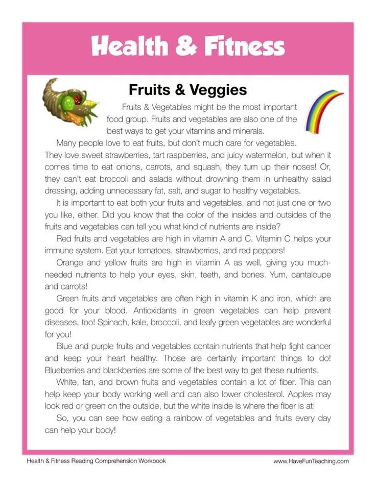 Reading Comprehension Worksheets. Food reading Comprehension. Vegetables reading for Kids. Health reading Comprehension. Reading about food