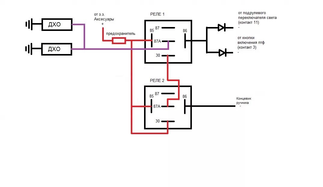 Как подключить реле дхо. Схема включения ходовых огней на ВАЗ 2115. Схема подключения ДХО через 2 реле. Реле 4х контактное ПТФ. Схема подключения ДХО через 5 контактное реле от ручника.
