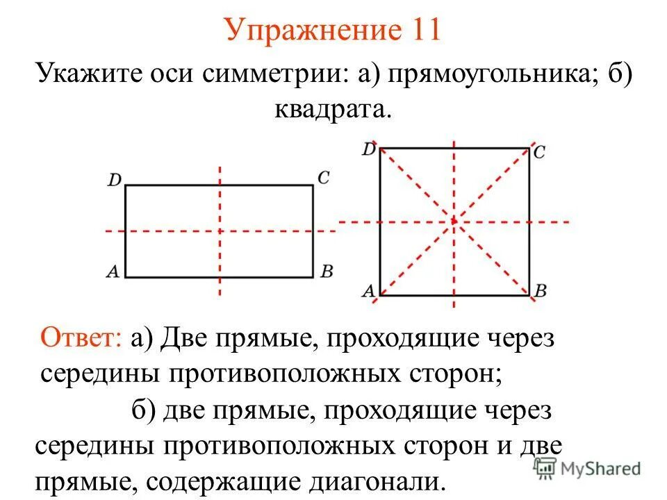 Прямая проходящая через середины противоположных сторон. Сколько осей симметрии у прямоугольника 3. Оси симме рии прямоугольника. Оси симметрии квадрата. Прямоугольник имеет две оси симметрии.