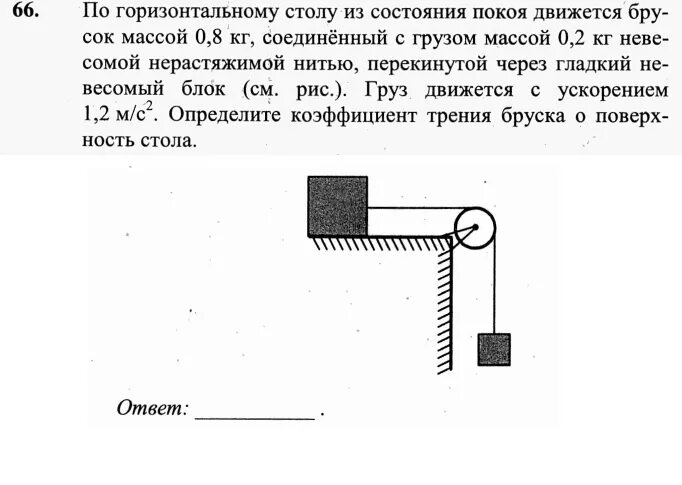 На рисунке 64 изображен деревянный брусок. Брусок движется по горизонтальному столу. По горизонтальному столу. По горизонтальному столу из состояния покоя. Блок 2 связан нерастяжимой нитью с грузом 1.