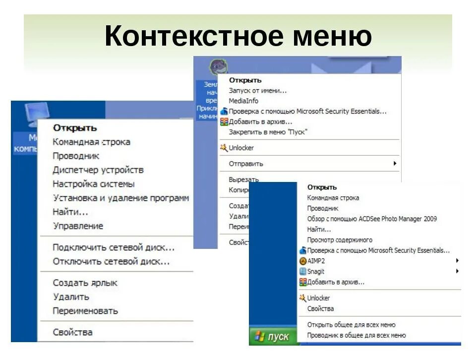 Меню вызываемое правой кнопкой мыши. Контекстное меню. Контекстное меню Windows. Команды контекстного меню. Пункты контекстного меню.