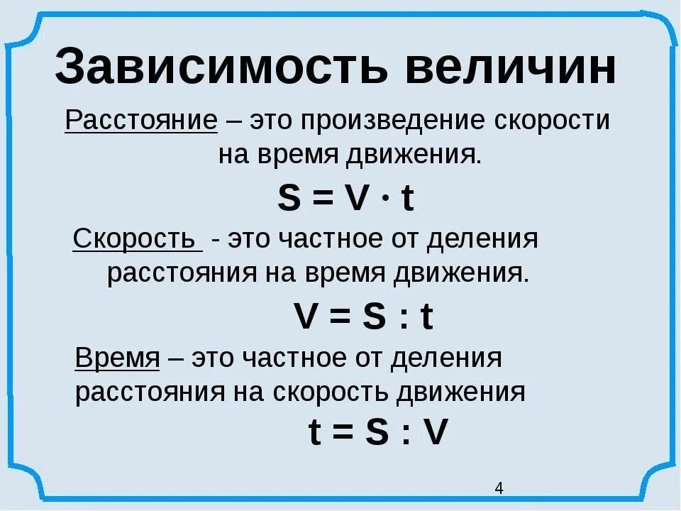 Формулы зависимости между величинами. Формула зависимости. Формула зависимости величин. Скорость время расстояние. Функциональные зависимости между величинами