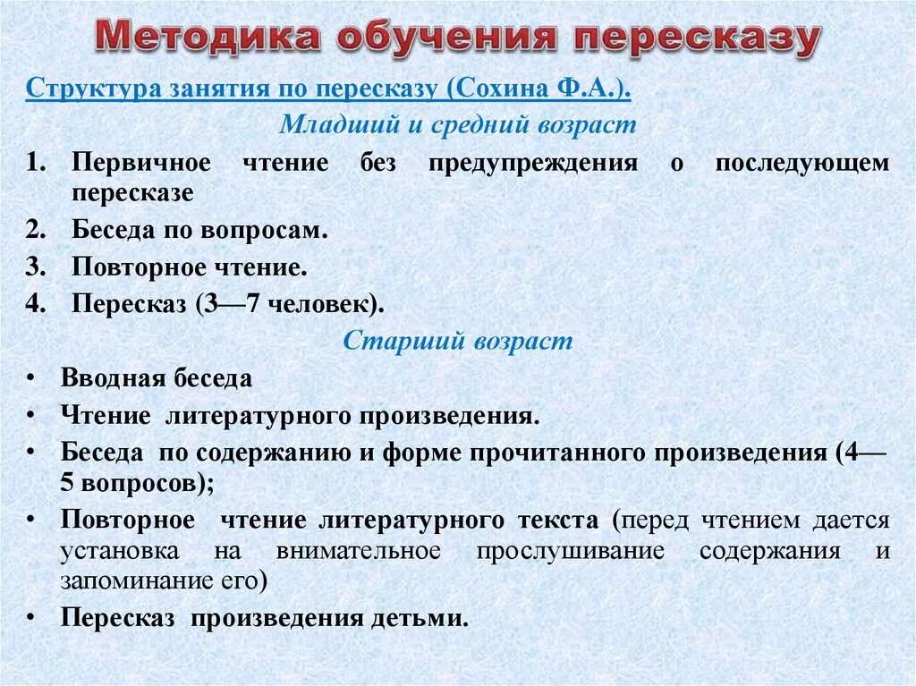 Структура занятия по пересказу. Методы обучения пересказу. Алгоритм работы по обучению детей пересказу. Методика обучения пересказу дошкольников. Текст методика изучения