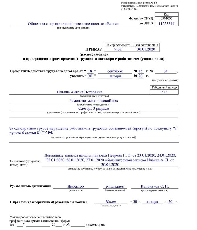 Образец приказ об увольнении по 81 ст ТК РФ. Образец приказа об увольнении по п 5 ст 81 ТК РФ. Приказ об увольнении по п 5 ч 1 ст 81 ТК РФ образец. Приказ об увольнении сотрудника по статье 81.