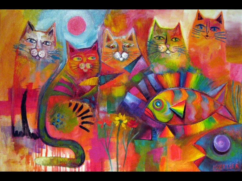 Художница Карин Целлер коты. Карин зеллер картины. Разноцветные коты. Абстрактная живопись кошки.