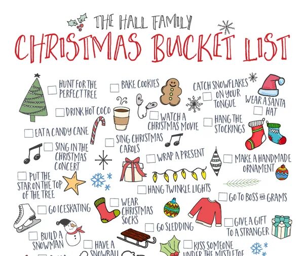 Christmas Bucket list. Christmas Holidays Bucket list. New year Bucket list. Xmas Bucket list. New year what to do