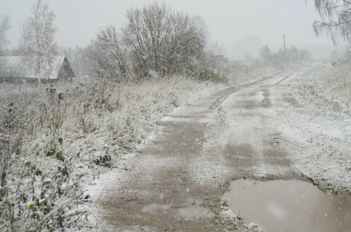 Снег почти растаял и хотя дорога. Первый снег в деревне. Ноябрьский снегопад в деревне. Первый снег растаял. Запорошило снегом.