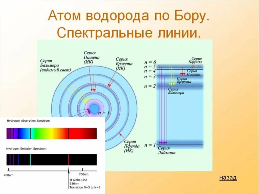 Какие длины волн поглощают атомы. Линейчатый спектр излучения атома водорода по Бору. Излучаемый спектр водорода. Формула видимой части спектра атома водорода.