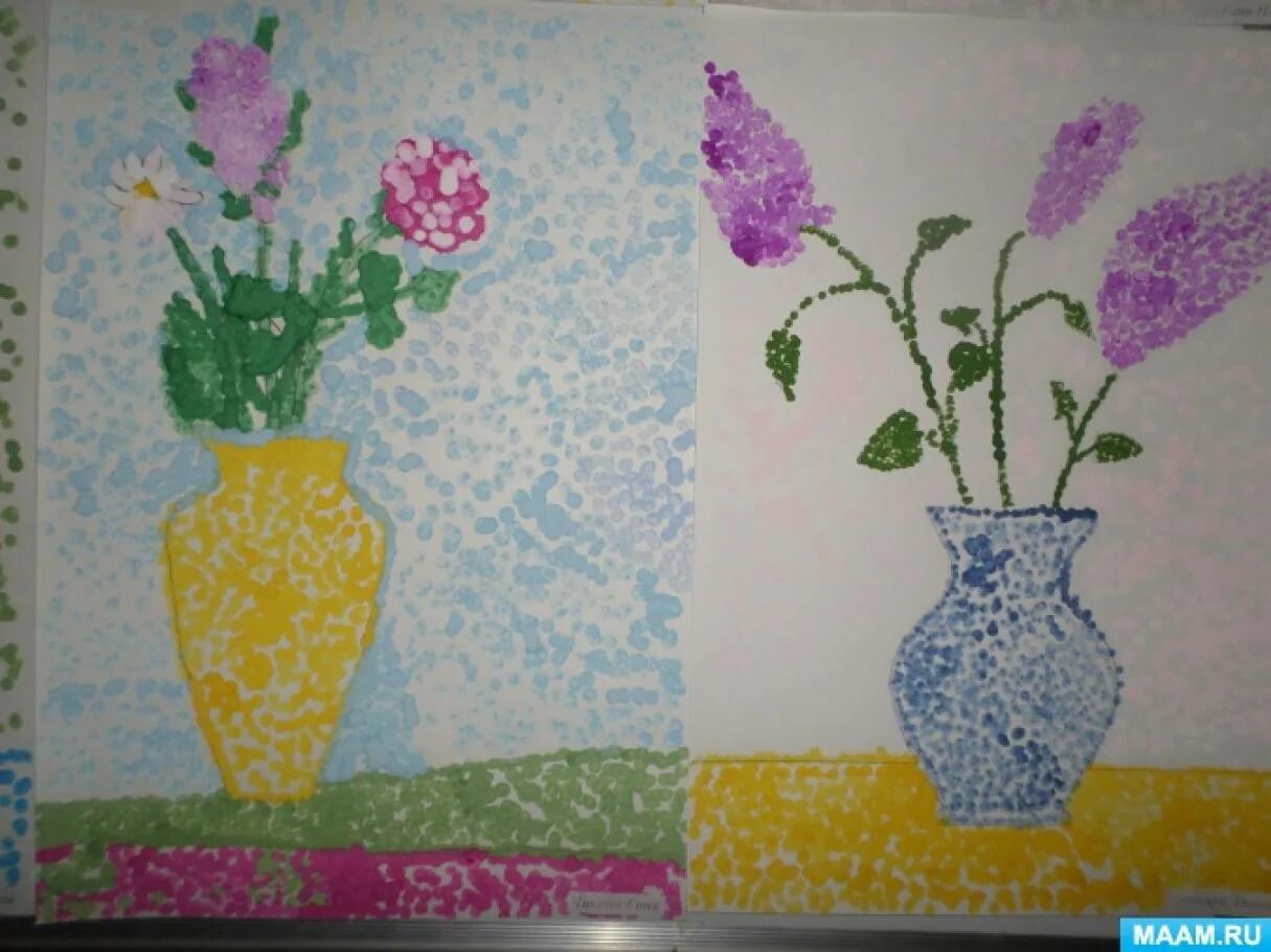 Пуантилизм подготовительная группа. Рисование ватными палочками в средней группе. Цветы в технике пуантилизм. Рисование ваза с цветами старшая группа. Ваза с цветами рисование в подготовительной группе