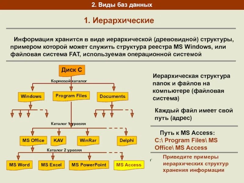 Определите организацию хранения данных. Основная форма хранения данных в базе данных. Типы структур хранения данных. Иерархическая структура. Древообразная иерархическая структура.