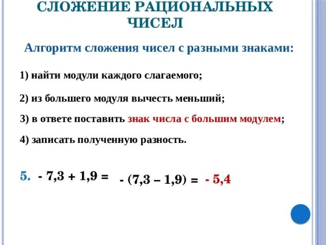 Правила сложения и вычитания рациональных чисел. Правило сложения рациональных чисел 6 класс. Алгоритм сложения рациональных чисел. Правила свойства сложения рациональных чисел.