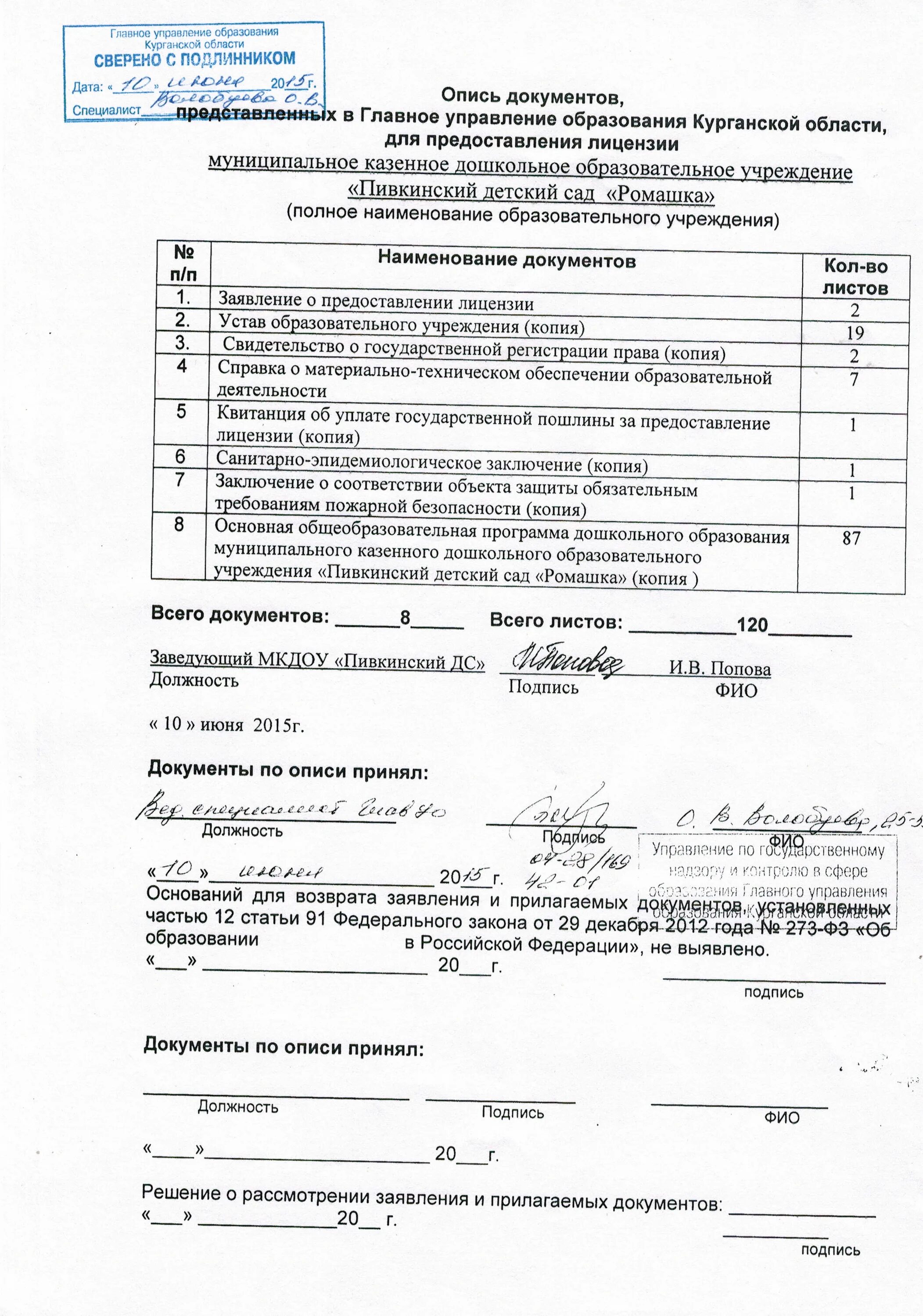 Копия акта лицензирующего органа о принятом решении