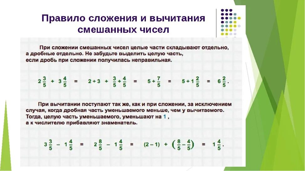 Выполните сложение и вычитание 1 4. Правило сложения смешанных чисел 5 класс. сложение и вычитание целого числа и дроби. правила сложения и вычитания дробей и смешанных чисел. вычесть смешанные числа дроби.
