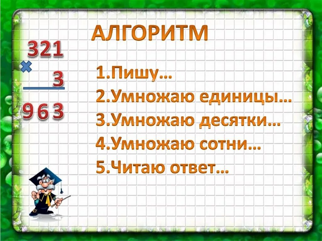 Письменное умножение 3 класс школа россии. Алгоритм письменного умножения без перехода через разряд. Алгоритм умножения в столбик на однозначное число. Алгоритм умножения трехзначного на однозначное. Алгоритм умножения на однозначное число без перехода через разряд.